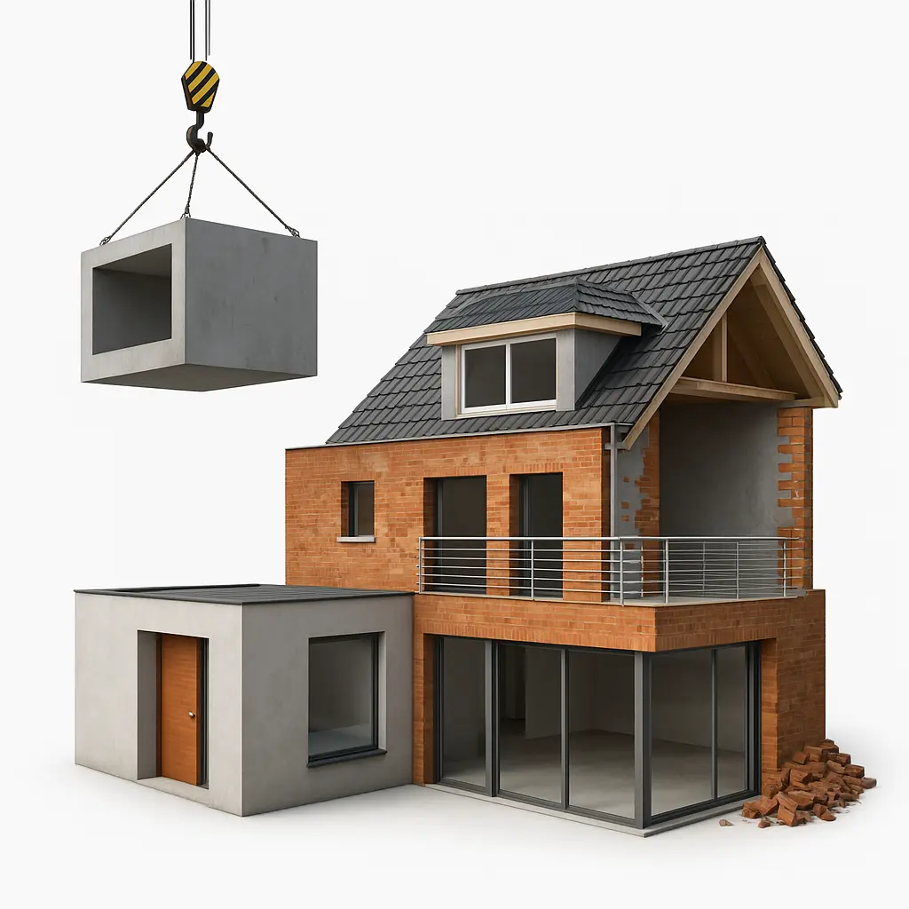Woning met een prefab dakkapel en een aanbouw aan de achterzijde